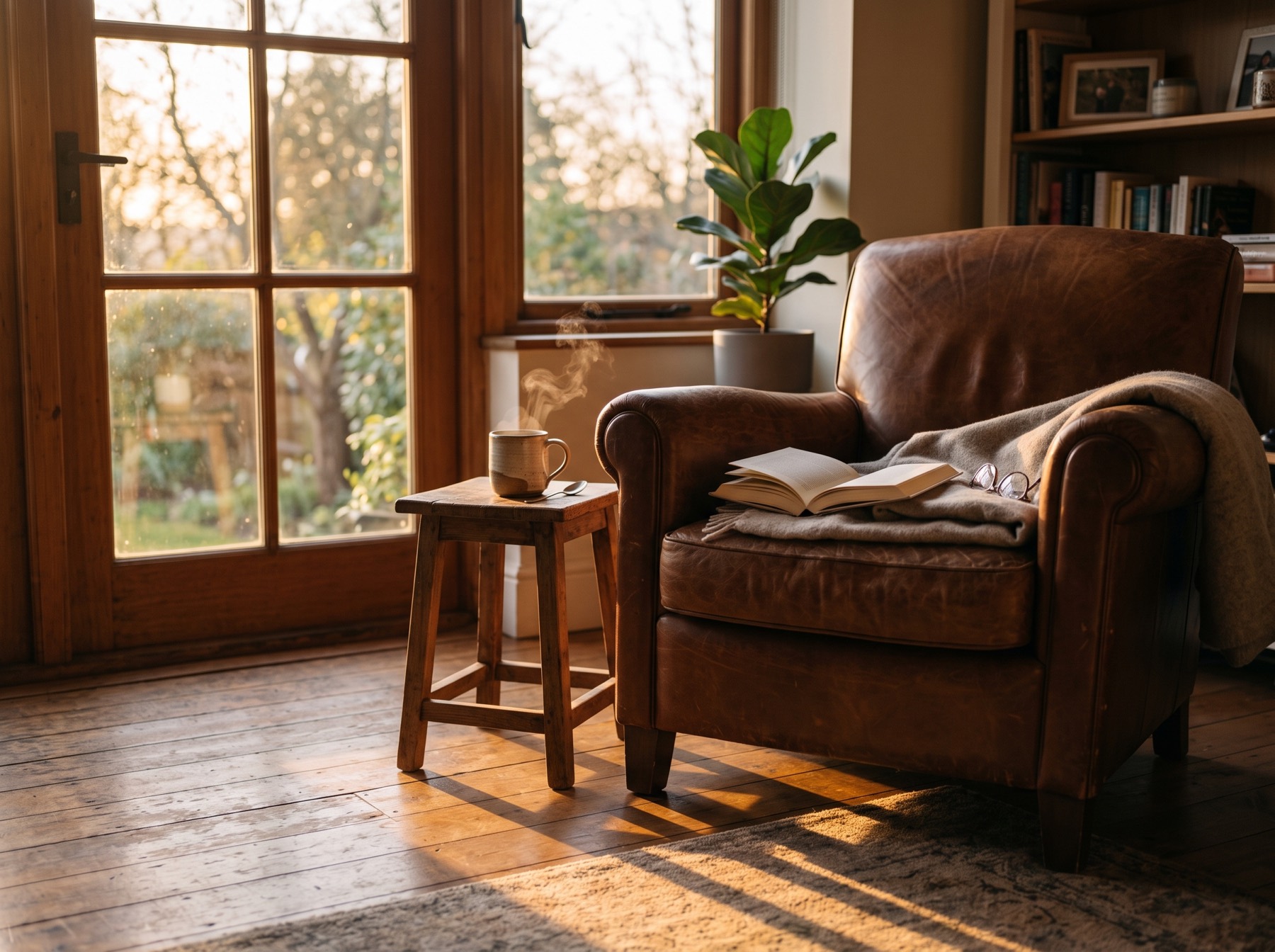 A quiet morning: an armchair in golden sunrise light with coffee and an open book